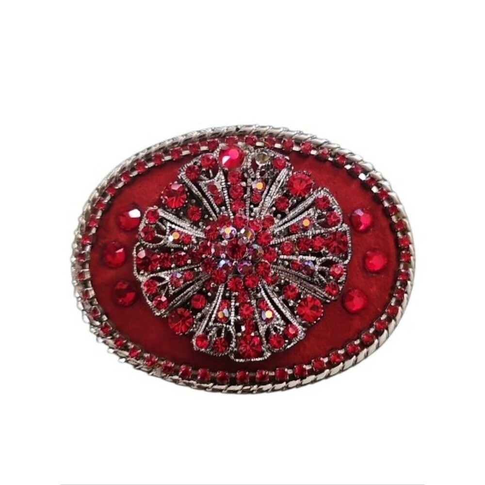 Vintage Red Rhinestone Western Belt Buckle Silver Tone Rodeo Cowgirl Glam